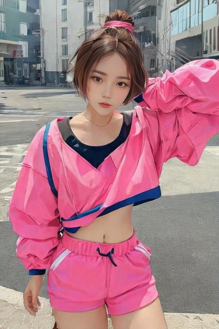 POV shot, detail upper body of a woman with short hair wearing a pink sportswear, cute pink sport outfit, a character portrait by L Ji, instagram contest winner, aestheticism, korean idol, korean kpop star, kpop star