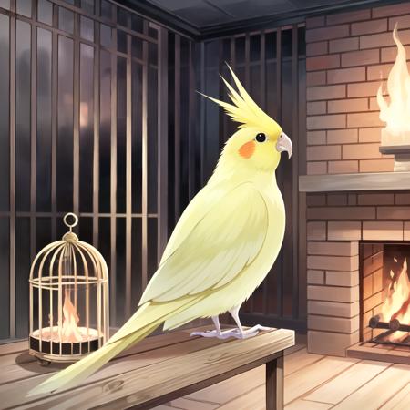 best quality, ultra high res, [32k|16k|best-quality], professional photo, <lora:Lutino_cockatiel:0.4>, Lutino_cockatiel, yellow bird, stick, birdcage, living room, fireplace, fire, (a bird in a birdcage), (a bird sitting on a cute girl's shoulder), cartoon