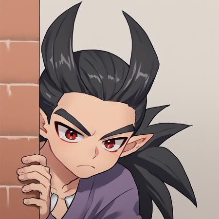 malrothdqb2, 1boy, solo, pointy ears, red eyes, black hair, long hair, ponytail, spiked hair  