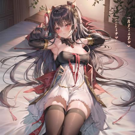 1girl, masterpiece, highest quality, best quality, , highly detailed, best illustration, glowing hair,  <lora:Lucia:0.6>, Lucia(dress) ,red eyes,(( (nsfw))) , dress, arms up,, lucia, lying on bed, black thighhighs, nsfw, pussy