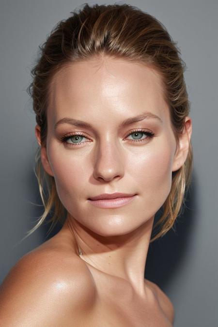 (CR-B3ckiNewton-summer4love263:0.9), full color photo of woman, grey background, (slick hair:1), (oiled shiny skin:1.0), (tilted angle shot:1.3)