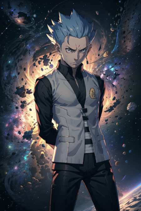 masterpiece, best quality, <lora:CyrusLora-10:0.7>, cyrus \(pokemon\), frown, grey vest, black shirt, black pants, arms behind back, space, galaxy, stars, long sleeves, ribbed shirt, ribbed legwear,