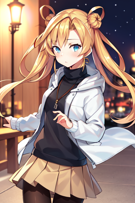 abukumaKC, 1girl, solo, long hair,twintails, hair bun, double bun, hair rings, school uniform, jacket, short sleeves, pleated skirt, shorts, serafuku, sailor collar, red ribbon, black jacket,neck ribbon, grey skirt, partially fingerless gloves, shorts under skirt, grey sailor collar,