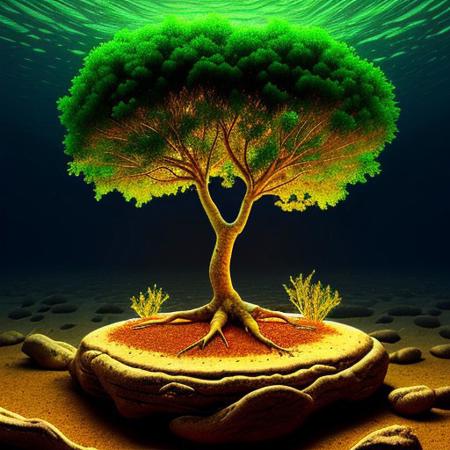 highly detailed, high quality, round tree, glowing tree, roots, above transparent water,