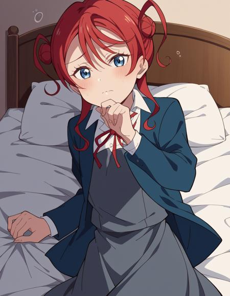 <lora:mei-yoneme-s2-ponyxl-lora-nochekaiser:1>, mei yoneme, bangs, blue eyes, hair between eyes, red hair, hair bun, single hair bun, single side bun, shirt, dress, ribbon, school uniform, jacket, white shirt, open clothes, collared shirt, open jacket, red ribbon, neck ribbon, blue jacket, pinafore dress, grey dress, yuigaoka school uniform,