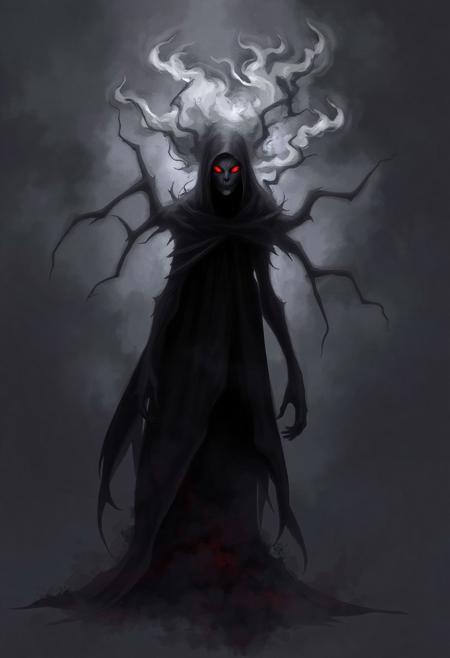 Stylized fantasy image of a deadly phantom. The phantom is wispy, made of shadow and fog with a vaguely humanoid shape and burning red eyes. It stands wreathed in shadow, fog and darkness, staring at the viewer with malice.