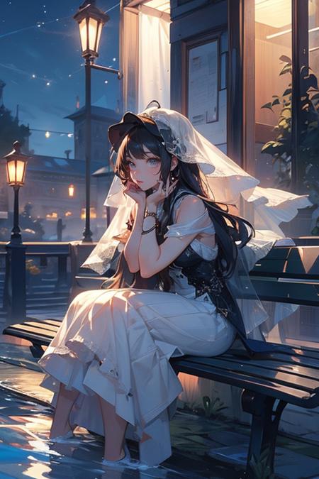 a woman in a white dress sitting on a bench next to the water at night with a veil on her head, Du Qiong, cosplay, a hologram, rococo