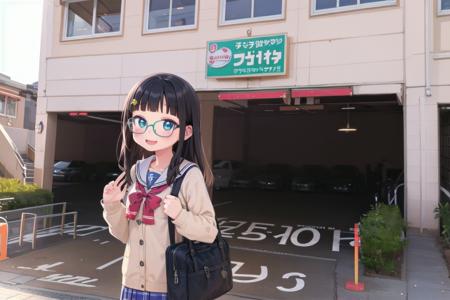 best quality, ultra-detailed, illustration,
1girl, glasses, black hair, long hair, school uniform, school bag, smile, laughing, solo focus,
saizeriya, storefront, scenery, outdoors, sign, building, window
 <lora:saizeriya_ex_SD15_V1:1>