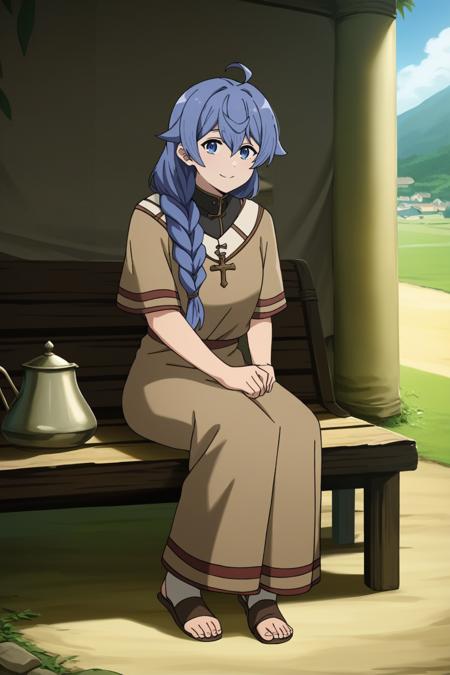 rokari migurudexia, single braid, hair over shoulder, braided ponytail, blue hair, blue eyes, long hair, braid, ahoge, hair between eyes,, bangs, Middle Eastern dress, brown dress, sandals, toeless legwear, short sleeves, alternate costume