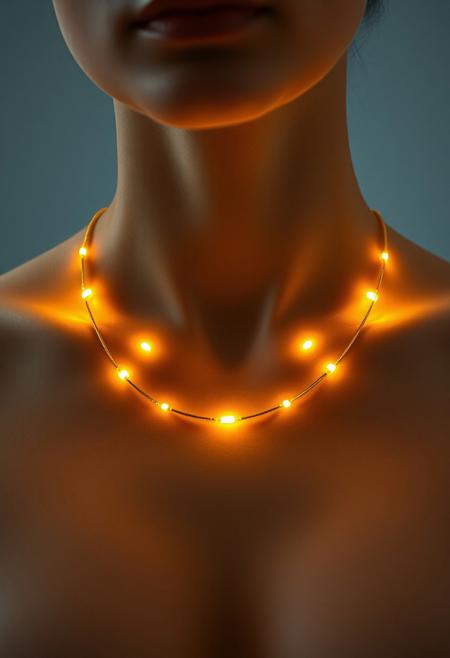 subdermal LED jewelry, (internal LED glow:1.7) forming sleek glowing segments beneath the skin, soft golden light radiating from beneath the collarbone, (smooth golden glow:1.6), (embedded LEDs:1.6) creating minimalistic glowing accents following the body's natural curves, (natural skin tone:1.5), high-definition, ultra-realistic skin textures, (seamless light integration:1.7), glowing light patterns under the skin without external components, (worn jewelry:-1.8), (visible necklace:-1.8), (chain segments:-1.8), radiant but sleek, smooth light transitions beneath the skin, tech-enhanced beauty, modern and minimalist