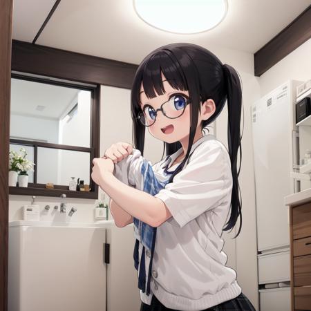 best quality, ultra-detailed, illustration,
JML, indoors, sink, door, faucet, washing machine, tiles, window, tile floor, night, ceiling light, night sky,
1girl, glasses, black hair, long hair, shirt, skirt, holding panties, holding clothes, solo, undressing, looking at viewer, gasping, laughing, happy, upper body,
<lora:JAPAN_Scenery_senmenjyo_SD15_V1:1>