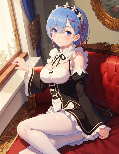 best quality, masterpiece, <lora:Rem-000009:0.9:MID>, phRem, 1girl, solo, breasts, roswaal mansion maid uniform, maid, blush, detached sleeves, lying, looking at viewer, on side, pantyhose, frills, dress, cleavage, maid headdress, white pantyhose, medium breasts, bare shoulders, smile, closed mouth, black dress, indoors, long sleeves, frilled sleeves, frilled dress, large breasts, dutch angle, juliet sleeves, apron, hairband, black ribbon, window