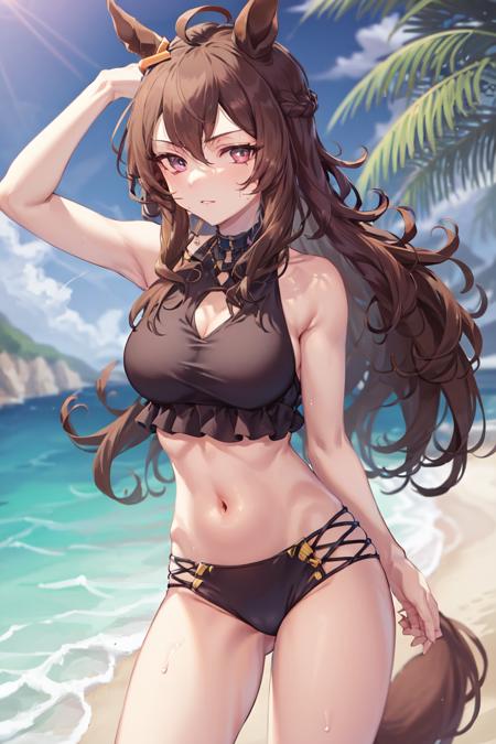 masterpiece, best quality,
nakayama festa \(umamusume\),
blue sky, beach,
official alternate costume, ahoge, halterneck, bare shoulders, jewelry, necklace, bead bracelet, swimsuit, navel, midriff, black bikini, black shorts, bikini shorts,
<lora:nakayama_festa_lora_0.99:0.8>