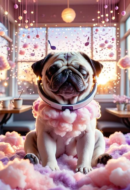 lazypos, cottoncandy
a cotton candy pug with closed eyes, wearing wireless headphones, immersed in rhythmic melodies, soft smile of euphoria illuminating his face, surrounded by floating musical notes and cherry blossom petals, warm golden hour lighting with bokeh effects, pastel color palette of blush pink and pastel purple, healing atmosphere with glowing particles, dynamic composition with flowing hair strands, cozy coffee shop background with sunlight streaming through windows ,emotional resonance of musical therapy