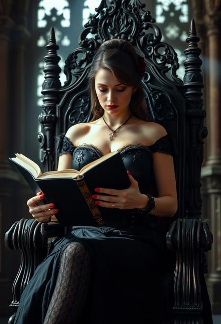 A photo of a woman with extremely large breast reading a black book, siting on a gothic throne in a castle, sexy steampunk dress, ray of light