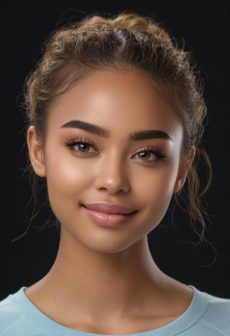 hyper realistic and detailed photo of a cute 22yo african female gymnast, shallow depth of field, cleavage, two-packs abs, golden blonde straight messed up hair, straight waist, realistic textures, 8k movie still, cinematic, looking at viewer, straight hip, narrow hip, small hip, small round shape butt, tiny breasts, long legs, Youthful, radiant complexion with fair dark tonde black skin. Her facial structure is characterized by soft, rounded features with a gentle jawline that complements her overall delicate visage. The eyebrows above are well-defined, arched gracefully, adding to the intensity of her gaze. Her hair, a rich golden brown, is pulled back into a high ponytail that cascades in gentle waves, framing her face elegantly. Her lips are full and appear soft, providing a neutral yet inviting expression. The subject's nose is proportionate to her face, with a subtle, rounded tip that harmonizes with her soft facial features.
The eyes are a distinctive feature, conveying a remarkable depth of color   a shade of light blue. Her irises are ringed with a darker blue hue. Her pupils are centered and clear. The eyelids are smooth, with a subtle crease that adds depth to her eye structure. Her lashes are of a lighter brown, long and evenly spread, curling gently upwards. low-key dark-toned photo style, pure black background, mischievous smile, big smile