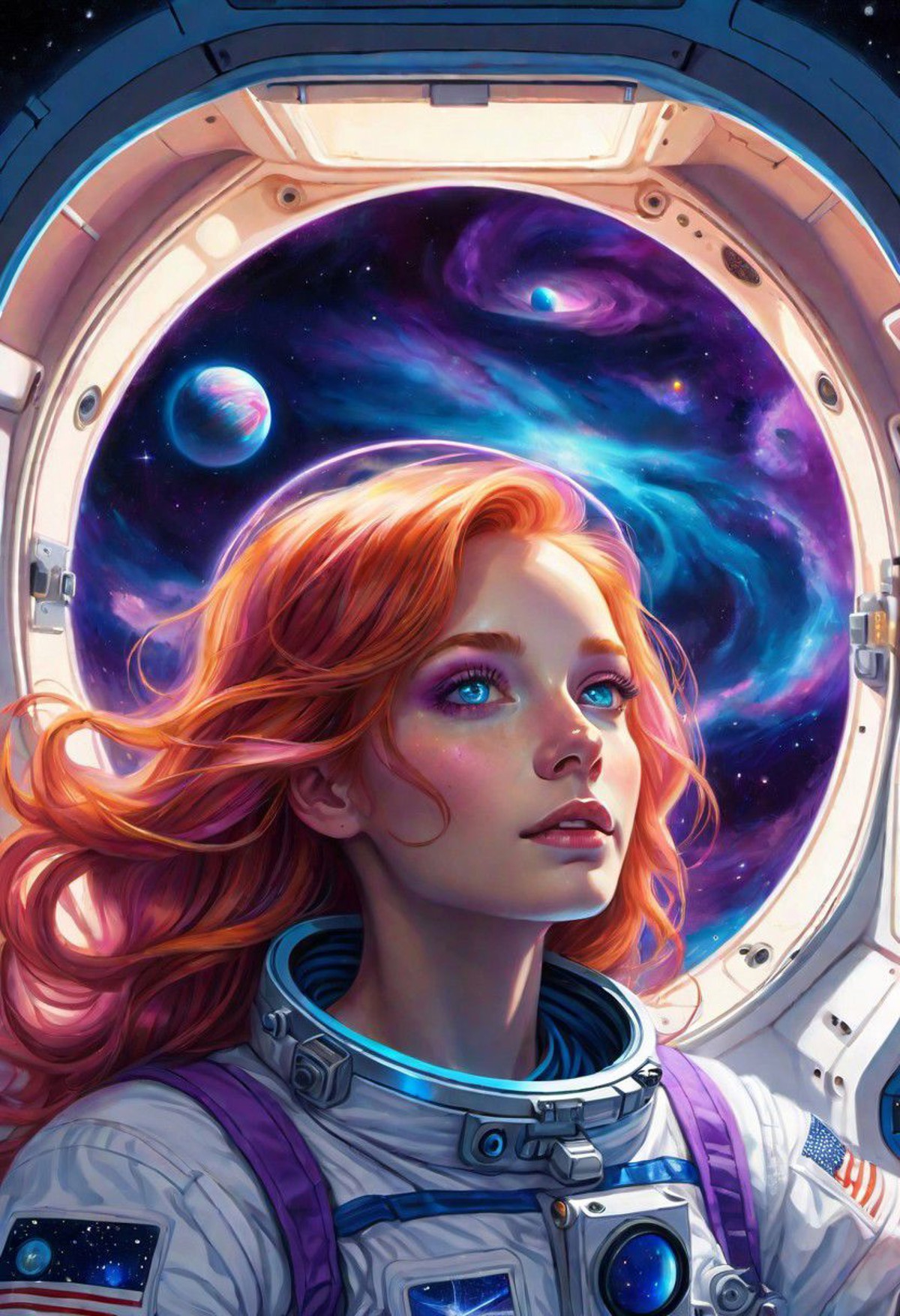 masterpiece,best quality,Cell shaded illustration. Petite female astronaut with very long glowing light red hair,hair floa...