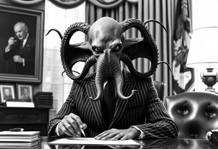 president cthulu in a sharp pin striped suit posing for presidential portrait in the oval office, real photograph, signing bill, ominous evil, empty eyes, lovecraftian