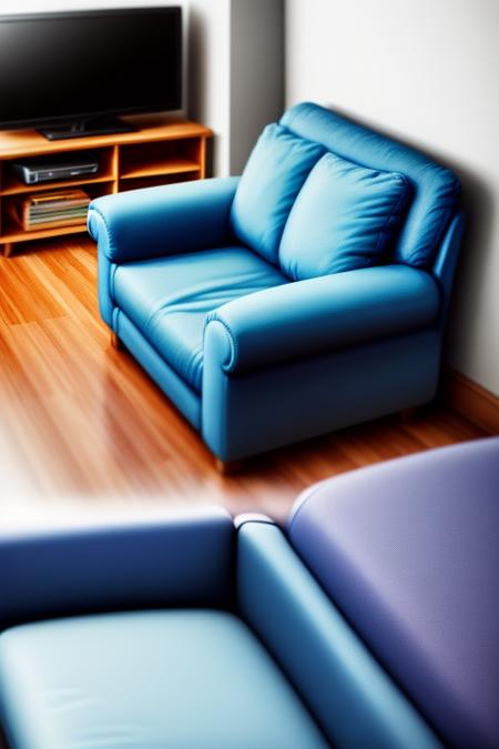 a close-up photo of a Isometric_Dreams, with a blue chair and a blue couch,a living room with a couch and a tv in it's centerpieces