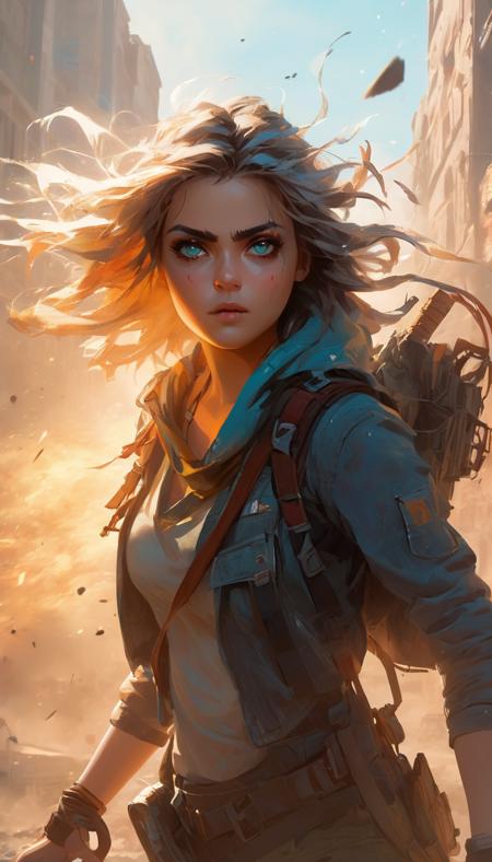 A beautiful female, dust, color explosions, wind, post apocalyptic, extremely beautiful detailed piercing eyes, hero view, action pose, cinematic scene, scenery, detailed background, masterpiece, best quality, high quality, highres, absurdres, very detailed, high resolution, sharp, sharp image, 8k, vivid, colorful, stunning, mature, Toni Infante <lora:toni_infante_xl_v2:1>