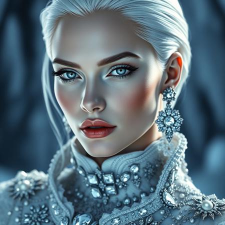 A hyper-realistic portrait of a majestic, futuristic snow queen with an aristocratic and regal look. She has short, slicked-back, pure white hair with subtle silver highlights, and sharply defined, elegant facial features. Her skin is extremely realistic with natural skin texture, slight pores, and lifelike subtle shadows, flawless but still true-to-life. Her lips are richly painted in a soft rose shade, with a lip liner that slightly overlines the upper lip in a very natural human style, as if carefully applied by hand. She has dramatic, artistic silver-white eye makeup with bold lashes, and icy blue eyes with a piercing gaze. She is dressed in a luxurious, high-collar, baroque-inspired gown redesigned with a modern twist, decorated with large, real-looking diamonds and shimmering gemstone embroidery, incorporating metallic threads and intricate patterns. Large, intricate silver earrings with pearl and diamond details complement the look. The background is a cold, frosty environment with a hint of a blurred icy palace behind her. Dramatic cinematic lighting, photorealistic details, futuristic aristocracy aesthetic, close-up in profile view.