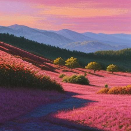 (strong shadows of a hill landscape, pink sky, swirling colors),