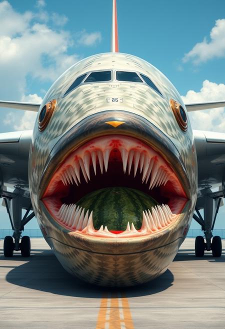 a huge passenger plane with a catfish head instead of a cockpit, a giant watermelon in a catfish's mouth.

I will stop smoking:)