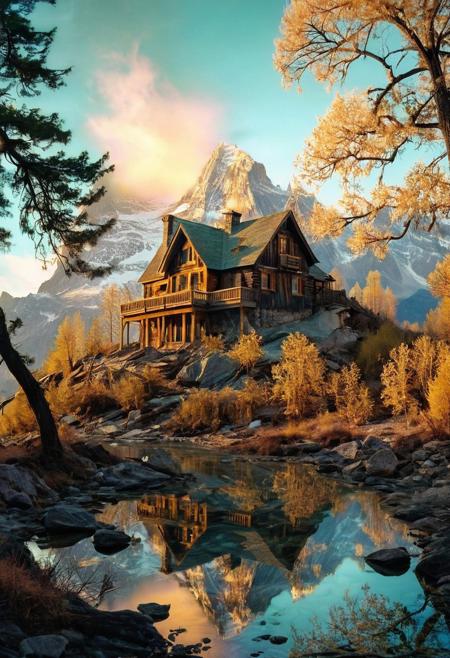 (by Ellen Jewett:1.5), ((gold Bioluminescent Impressionism: 1.8), The Dreamland), their peaks veiled in mist. mixed media, surrealism, great lighting, A surreal landscape highly detailed . extremely high-resolution details,  appears trapped in an optical illusion of reflections and refractions colorful , luxurious mountain cabin, ice and snow, professional photography, natural lighting, volumetric lighting maximalist. intricately detailed, complex, elegant, expansive, fantastical, film photography style,  medium grain,  <lora:MJ52:0.3>  <lora:SDXLFaeTastic2400:0.4>  <lora:EpicF4nta5yXL:0.7>.ethereal landscapes, depth of field, biotech emotion:1.3) <lora:xl_more_art-full_v1:0.5> <lora:add-detail-xl:1> <lora:RMSDXL_Creative:2>