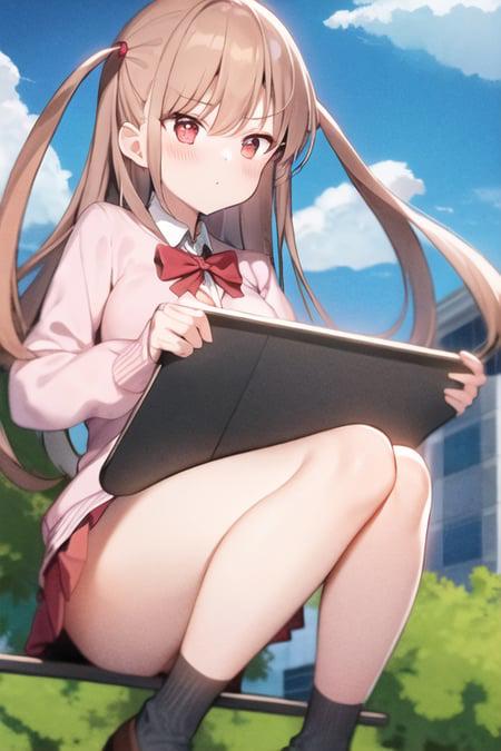 1girl,solo, ((red miniskirt)), long hair, two side up, red ribbon tie, white shirts, pink cardigan, 16 years old, ((((black socks)))), brown loafers, outdoor, school, <lora:aako:0.9>