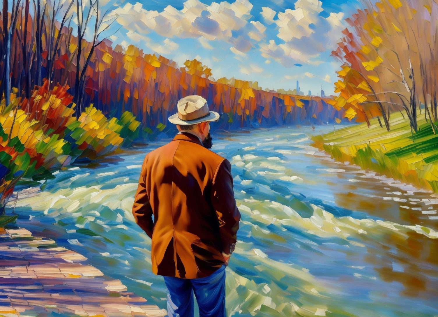 impressionist (oil painting:1.2) of a pensive man standing beside a grand river, vivid colors, paint (strokes)