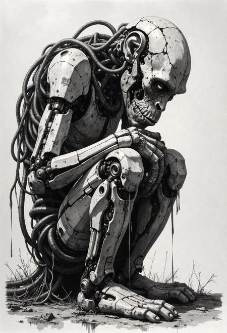 A realistic, black and white photograph of a mechanical creature.
Monkey princess kneeling with head bowed