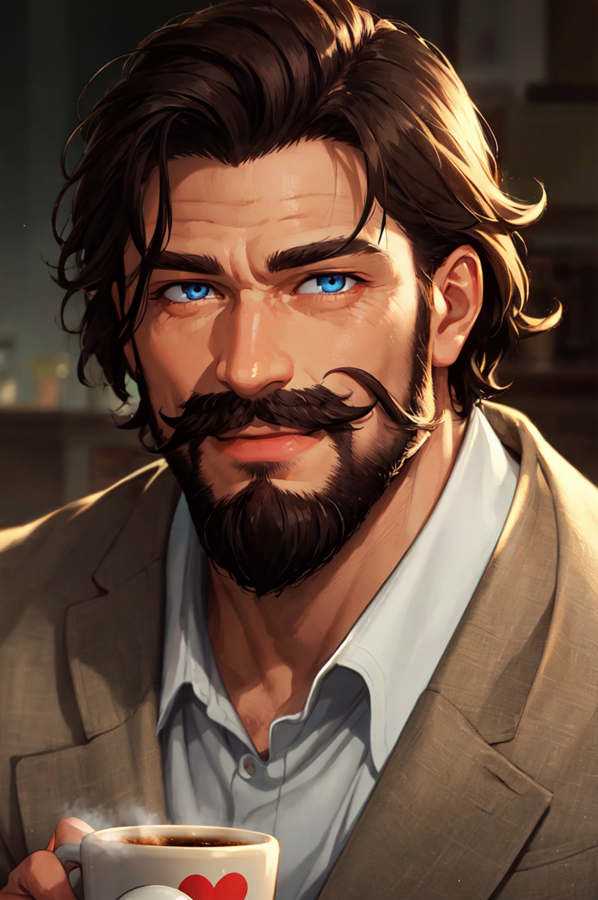 detailed face, detailed eyes, official art,  HoldingACupofCoffee  EasyMalePortrait