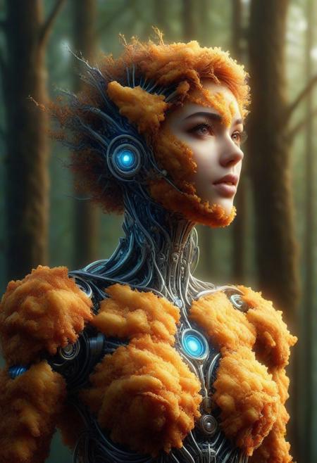 Ultrarealistic. sharp focus, dynamic lighting. play of light, Raytracing, Ultra detailed. (((DFC Style))). A gorgeous and beautiful female robot made of deep fried & crispy breading in a mystical forest.