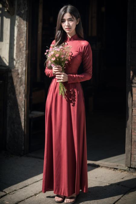 1girl, aodai red, photo art, (flower:1.2),<lora:aodai_SD_chiasedamme_v02:0.6>, a stunning photo with beautiful saturation, ultra high res,(realistic:1.4)),deep shadow,(best quality, masterpiece), pale skin, dimly lit, shade, flustered, blush, highly detailed, skinny, BREAK depth of field, film grain, wrinkled skin, looking at viewer, knee, warm smile, (full body:1.2), masterpiece,ultra realistic,32k,extremely detailed CG unity 8k wallpaper, best quality