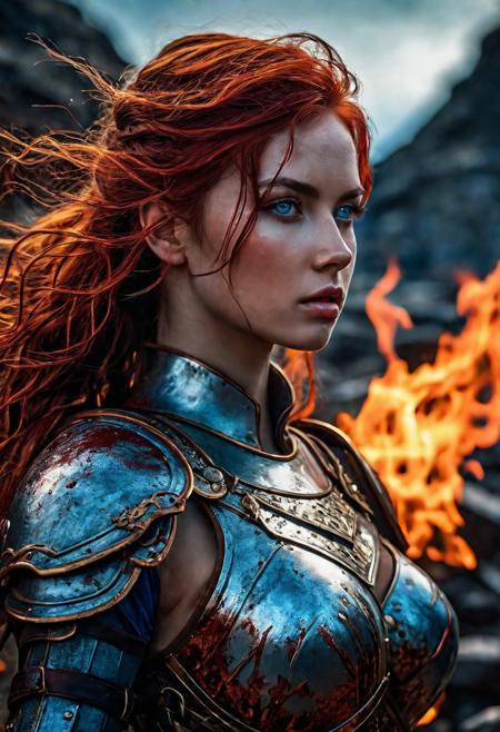 High resolution ultra-realistic of Beautiful Warrior girl, Fantasy style, 8k, capturing the intensity of the moment, dramatic lighting, standing on a bloody and stormy battlefield in a fighting pose, fire, intricately designed shining iron armor, red mini skirt, perfect athletic figure, beautiful Warrior girl, fire, dirty face, ultra realistic, cinematic style, athletic figure, Firm sinewy female body, dark fantasy, covered in dirty and blood, cinematic colors Lighting, extremely detailed, 8K, wavy red hair, realistic dirty bloody pale face, realistic blue eyes, beautiful Warrior girl on in cool iron armor, hyper-detailed, hyper-realistic, bright colours, Attractive 21 old years girl, Attractive, beautiful firm Breasts, sharp focus, digital painting, Photograph Taken on Nikon D750, Alphonse Mucha, 8K, athletic figure, Hyperdetailed, hyperrealism, Attractive, Attractive bust girl, asymmetric balance