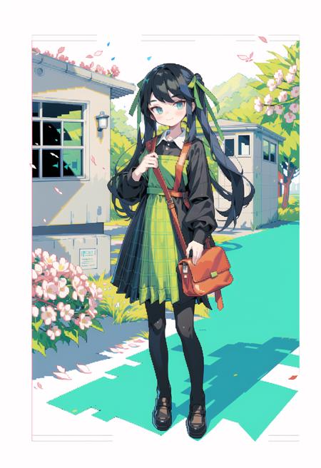 best quality,highly detailed, ultra-detailed, masterpiece, 8k wallpaper,,,(giast:1.7),(white background:1.2),
1girl, pantyhose, braid, solo, long hair, twin braids, black legwear, shoes, blue hair, looking at viewer, outdoors, petals, dress, blue eyes, black footwear, long sleeves, window, cherry blossoms, white shirt, shirt, bag, plaid, flower, day, standing, building, loafers, bangs, ribbon, apron, plaid dress, brick wall, smile, hair ribbon, closed mouth, full body, twintails, blush, sunlight, sign, very long hair, shoulder bag, eyebrows visible through hair, pink flower, green apron,(pixel art:1.3), 
<lora:Chimera Series Z Number Furnace - Ver - GI:1>