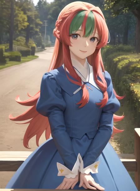 best quality, (masterpiece),(ultra-detailed), (high quality), (high resolution),   <lora:francoise-10:0.7>,1girl, francoise, juliet sleeves, long hair, long sleeves, looking at viewer, multicolored hair, nature, outdoors, parody, smile, solo, streaked hair