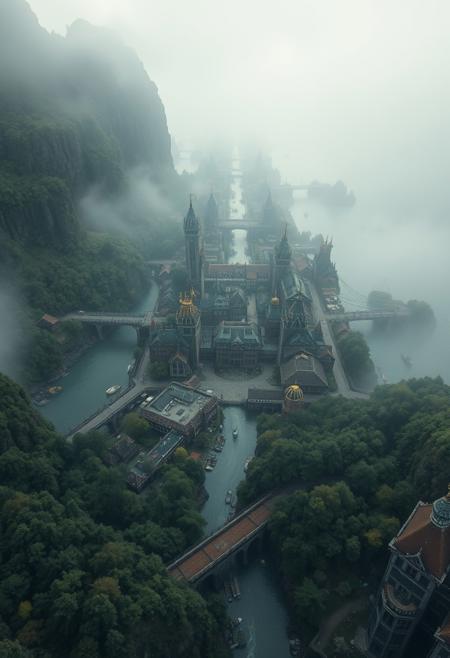 view from above, (accurate architecture, 3 point perspective) (masterpiece hyperrealisitic, medium format camera shot, fantasy concept art 8k, high quality, detailing, textures)  Imagine a spooky foggy, perfect fantasy metropolis,  by the river and a part of a large fantasy hyperrealisitic bustling port town city nestled between a verdant, ancient forest, encircled by cliffs and city bridges across the river used for logging, taking it to the perfect pirate ships and the crashing waves of the vast, unexplored ocean.