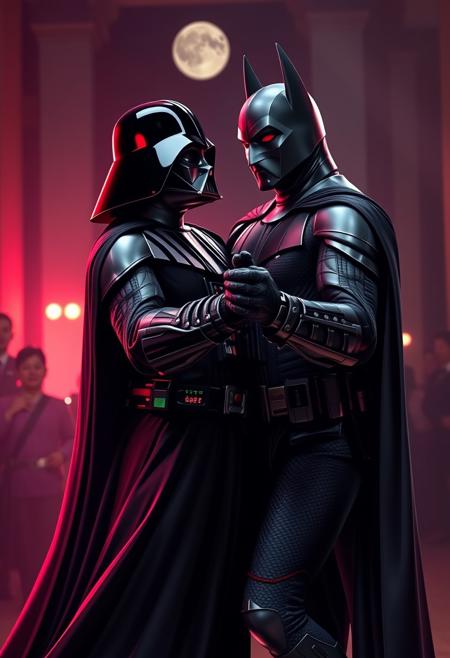 Darth Vader and Batman ballroom dancing together