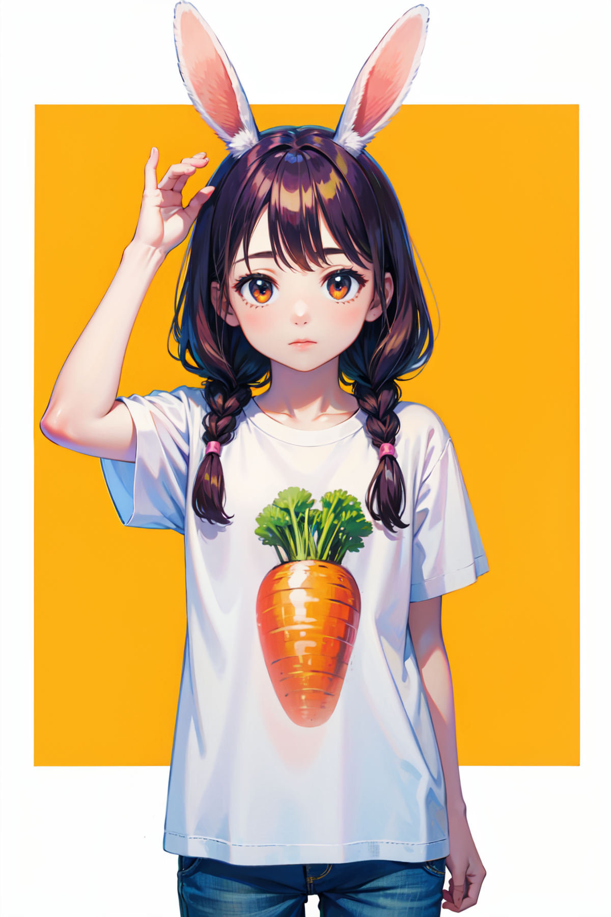 1girl, rabbit ears, carrot print t-shirt, twin braids,