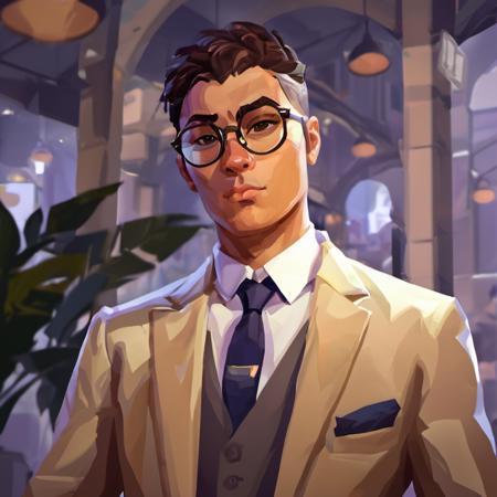 valorant art style, 1boy, wrinkles, oval glasses, suit, portrait <lora:valorant_art_style-000007:1>