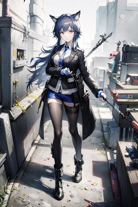 <lora:AKTexasV1-000008:0.8>,aktx, 1girl, texas (arknights), solo, pantyhose under shorts, animal ears, long hair, (black vest), pantyhose, shorts, black hair, full body, (black shirt:1.5), boots, blue gloves, black pantyhose, shirt, necktie, (white footwear), wolf ears, gloves, blue necktie, looking at viewer, long white sleeves, vest, coat, blue shorts, collared shirt, fingerless gloves, standing, jacket, bangs, black coat, brown eyes, breasts, legwear under shorts, black jacket, scenery, background, clear face,