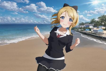 eli_ayase, <lora:eli_v1:0.7>, ((1girl)), solo,  (masterpiece),(best quality), (absurdres),(highres:1.1), outdoors, ocean, beach, horizon, cloudy sky, hifumi \(blue archive\), (solo), sitting, (panties under pantyhose), white panties, looking at viewer, school uniform, pleated skirt, (halo), low twintails, collarbone, (black pantyhose:1.2), light smile, blush,  sitting