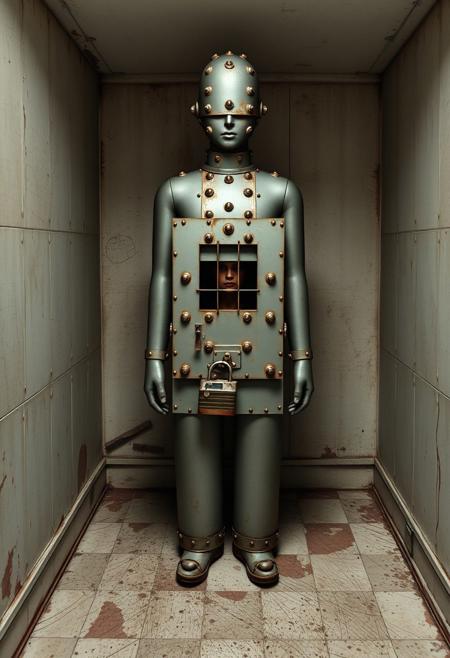Overall view of a filthy mental asylum room, A perfectly smooth tightly-fitting bdsm steel casing covered with rivets (in the approximate form of a rigid standing woman:1.5) with a heavy restraint collar and with a barred horizontal eye slit on the front of the head (and a padlocked hinged door closing over the mouth:1.4) ( a woman is trapped inside looking out through the barred eye slit:1.8), in a mental asylum