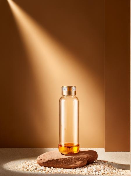 dianshang, BOTTLE, Light brown background,gravel stone,stone , glass , blurry background, light and shadow