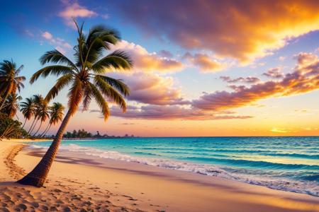 (wallpaper1.2), Breathtaking view of a tranquil beach at sunset, (gentle waves:1.2), (palm trees:1.3) swaying, (vibrant colors:1.4), soft clouds, (golden sand:1.1), peaceful atmosphere, high resolution, very detailed, vivid detail, cinematic lighting, tropical-island, fantasy, masterful, realistic, trending on artstation,highly intricated