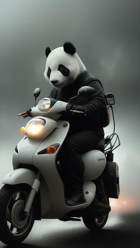 . panda riding moped, speeding past other cars, digital art, (photo, studio lighting, hard light, sony a7, 50 mm, hyperrealistic, big depth of field, concept art, colors, hyperdetailed, hyperrealistic) , ((moody lighting)), (fog), (ambient light)