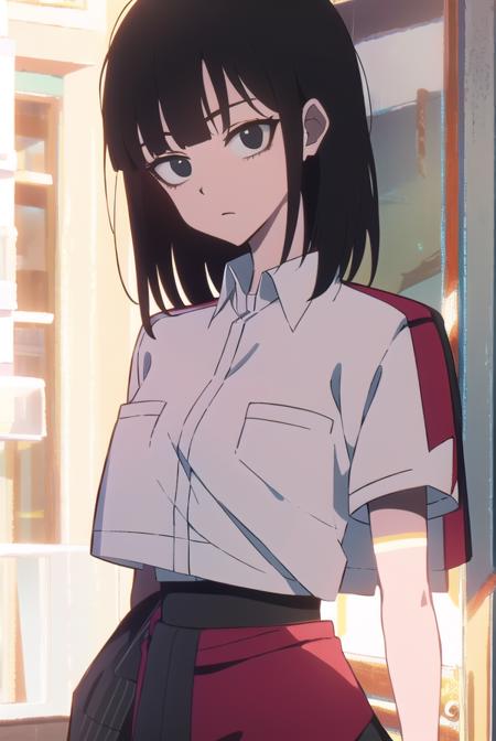 lingqiao, <lyco:lingqiao-LYCORIStest:1>, 
ling qiao, bangs, black hair, medium hair, (black eyes:1.5),
BREAK skirt, shirt, white shirt, short sleeves, collared shirt, black footwear, red skirt, sandals, pocket, long skirt, shirt tucked in, breast pocket,
BREAK looking at viewer,
BREAK outdoors, city,
BREAK <lora:GoodHands-vanilla:1>, (masterpiece:1.2), best quality, high resolution, unity 8k wallpaper, (illustration:0.8), (beautiful detailed eyes:1.6), extremely detailed face, perfect lighting, extremely detailed CG, (perfect hands, perfect anatomy),