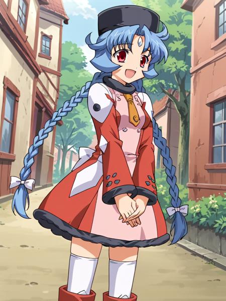 muchakarenina, blue hair, twin braids, red eyes, hat, dress, necktie, thighhighs, boots, forehead jewel