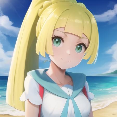 <lora:character_pokemon_lillie_v4:0.7> beach, 1girl, character_pokemon_lillie, solo, portrait, looking at viewer, green eyes, smile, closed mouth, ponytail, shirt, backpack